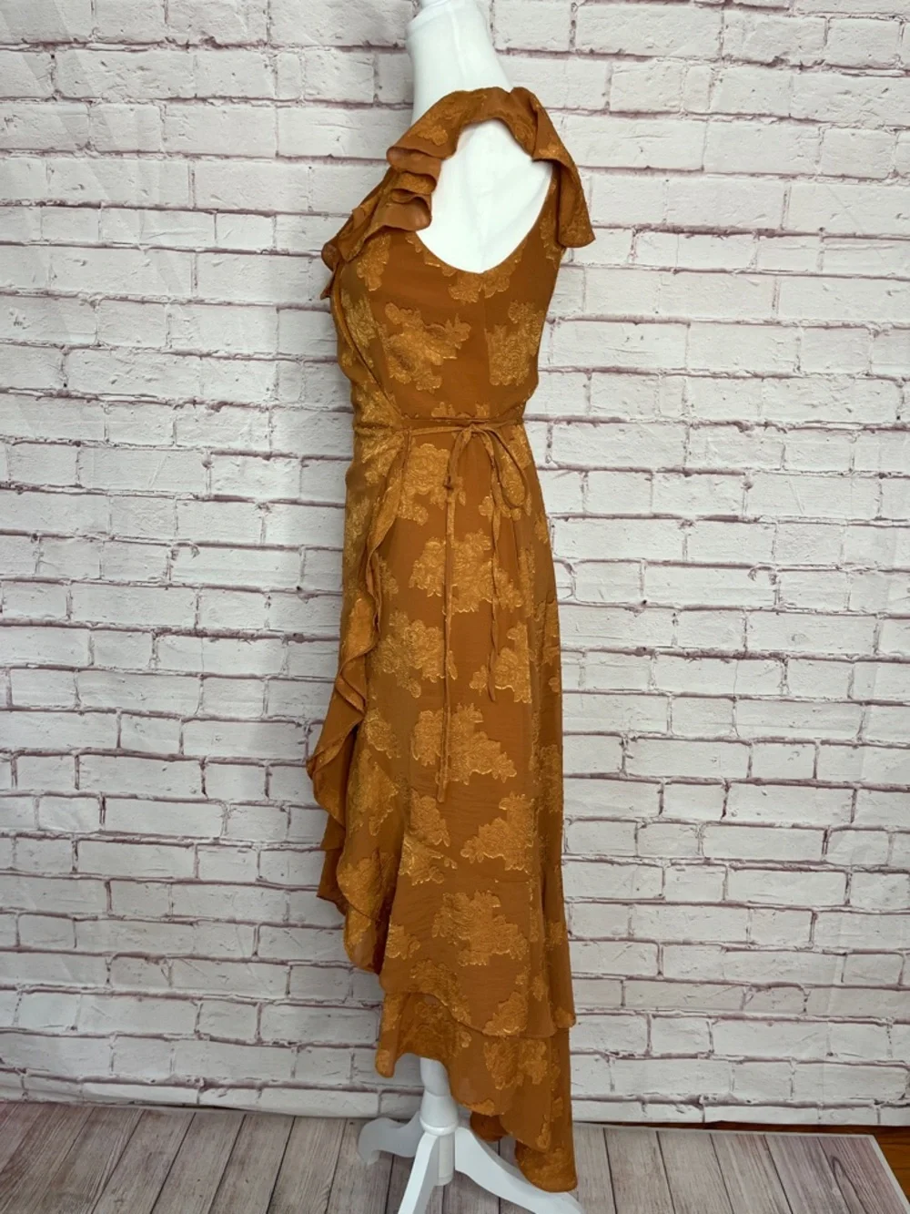 Lulus Adorable Aura Burnt Orange Floral Burnout High Low Wrap Dress Like New